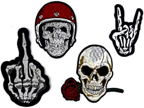 4 Stück Totenkopf Patch Skelett Biker Motorrad Rocker Iron-On Patch Aufbügler Aufnäher PA-502