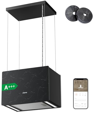 Ciarra Pinnacle Classe A+++ Cappa Aspirante a Isola 700m³/h 48cm senza Uscita Fumi Touch Control e Wifi con Filtro al Carbone - Marmo Nero - Vetro Smerigliato