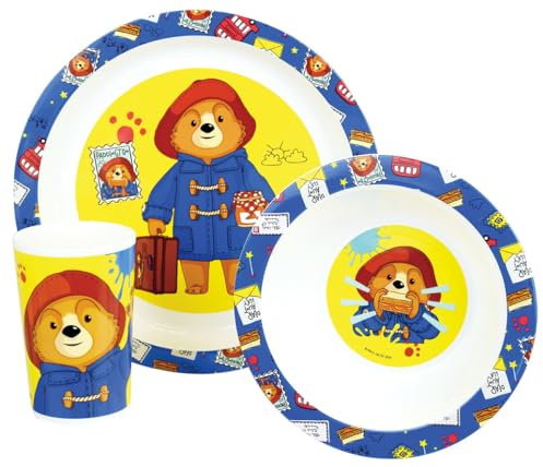 Fun House - Juego de comida infantil Paddington | Plato de 22 cm de diámetro de 16 cm de cristal, 220 ml, con licencia oficial | Vajilla reutilizable lavable para lavavajillas | Set de 3 piezas para