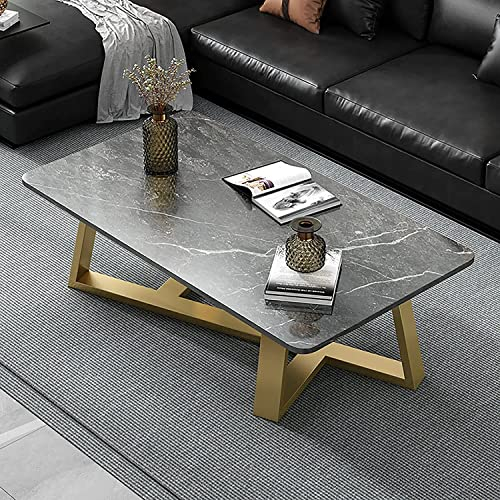 Couchtisch, moderner rechteckiger Couchtisch und Beistelltisch, Tischplatte aus Kunstmarmor mit Metallgrundrahmen, Moderne Wohnzimmertischsets für Wohnungen, kleine Räume (Farbe: Grau + Gold