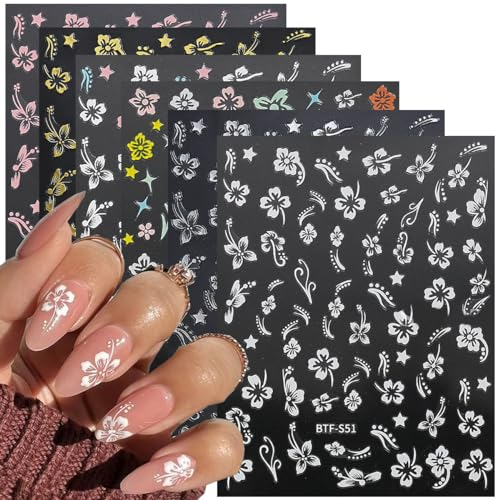 Kabwea 6 Blätter Hibiskus Blume Nagel Aufkleber Weiß Rosa Nail Sticker Nageldesign Selbstklebend Nagelsticker Blumen