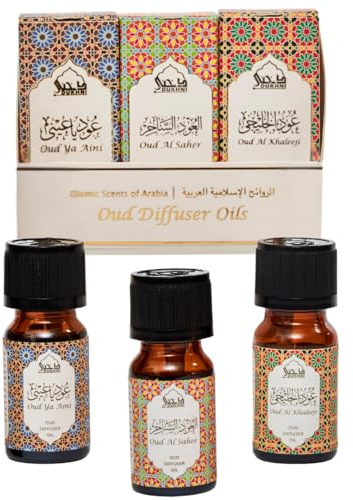 Arabic Oud Diffuser Oil Set, Essential Oils by Dukhni | 3 x 10ml Oudh Oil Gift Set for Diffuser & humidifier | 100% Pure Halal Oils | Relax with Home Aromatherapy, for Relaxation & Massage
