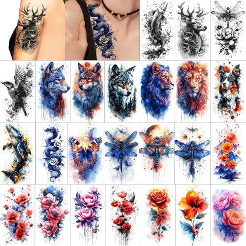 GLARYYEARS Temporary Tattoo for Women - 24-Pack Large 3D Realistic Animal, Butterfly, Flower, Dragonfly Design Pack, Long-lasting on Half Arm, Leg, Back Body