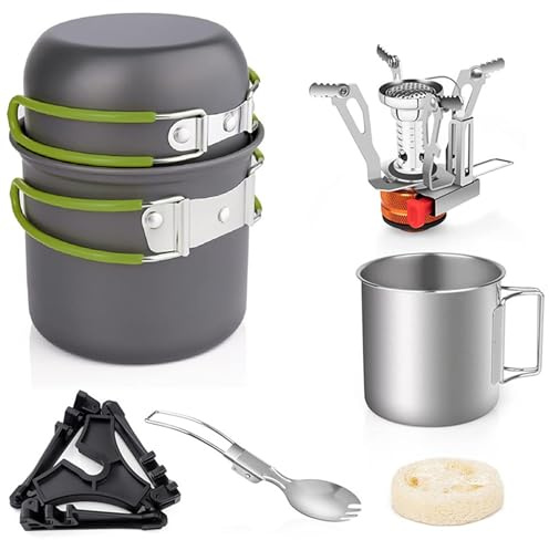 8-teiliges Camping-Kochgeschirr-Set, Zusammenklappbarer Campingkocher, Leichtes Topf-Pfannen-Set mit Edelstahlbecher und Gabel, Löffel Zum Kochen Im Freien, Camping, Wandern