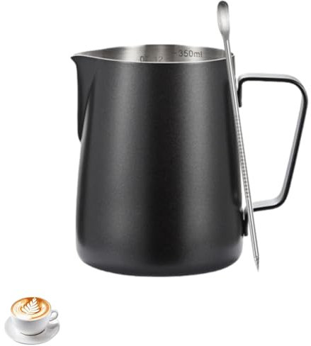 Milk Frothing Pitcher - 12oz/350ml Milk Frother Cup Stainless Steel Jug Steaming Pitcher, Milk Jug with Measurement Mark and Decorating Pen for Making Latte Art and Cappuccino Coffee (350ML Black)