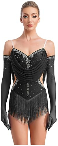 RUNQHUI Body da donna Pattinaggio Artistico Stringato Strass con Guanti Vestito Vestito Danza Latina Costume Ginnastica Leotard Body, Nero , XL