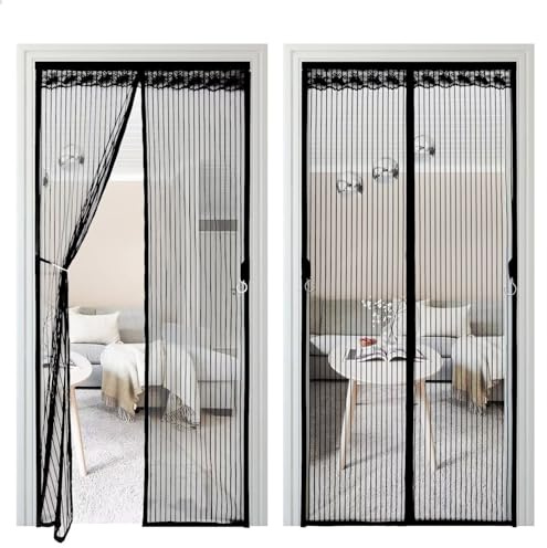 Fliegengitter Tür 140x220cm, Fliegengitter Balkontür, Stärkere Magnete, Kratzfest, Verhindern des Eindringens von Insekten, mit Haken, Für Balkontür Wohnzimmertür Kellertür Terrassentür (Schwarz)