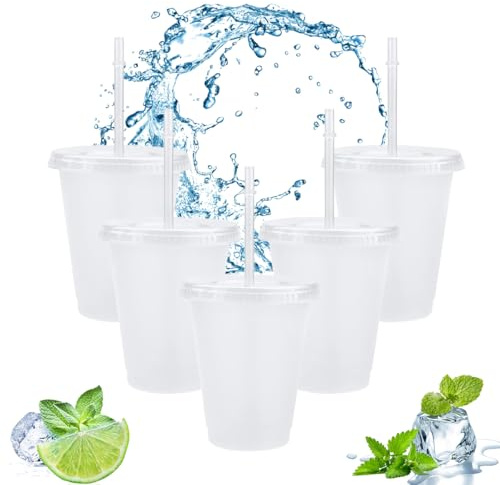 Lot de 5 gobelets en plastique transparent avec couvercles et pailles, réutilisables et sans BPA, gobelets personnalisés pour café, smoothie, jus de fête, pour adulte, enfant et femme (500 ml)