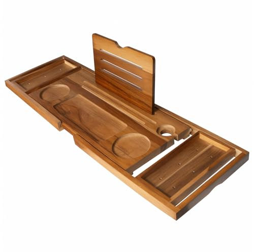 Wooden Bath Tray, Extendable Teak Bathtub Tray, Bath Tub Shelf Board Built-in Holder for Tablet Candle, Bathroom Accessory Home Spa Boards for Adults, Bathtub Caddy with Double-Sided Towel Holder