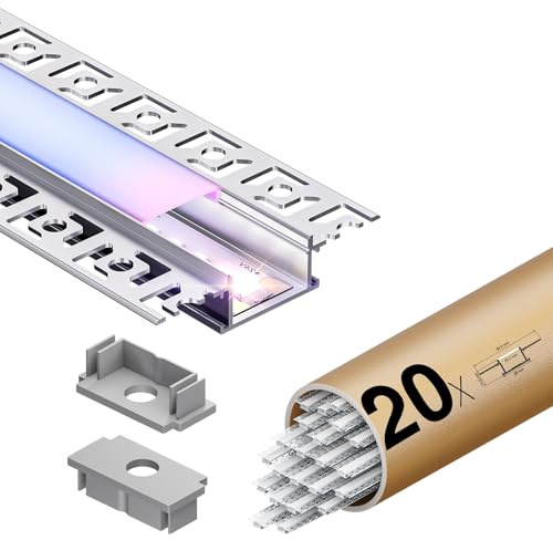 KOSOOM LED Aluminium Profil 2 m x 20, U Form LED Trockenbauprofil - Kanal - Schiene mit milchigem Diffusor – Aluprofil für Streifen, Endkappen, Abdeckung Für lineare Beleuchtung Innenbreite 20,2 mm