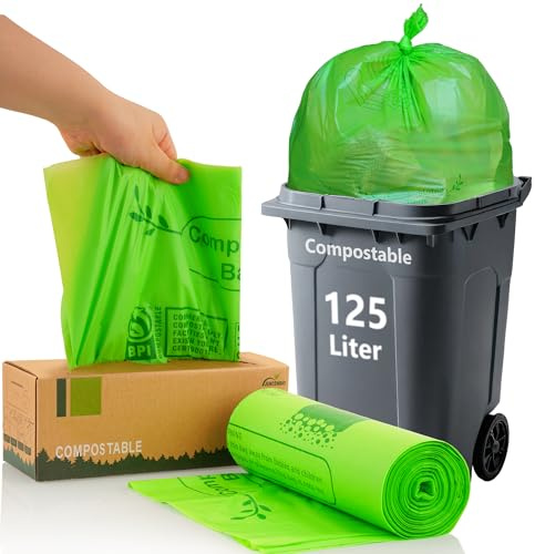JENCENBIO Compostable Bin Liners, 125 Liter, Extra Thick, 28 Micron Food scrap waste bags with US BPI ASTM D6400 and Europe OK compost HOME Certified