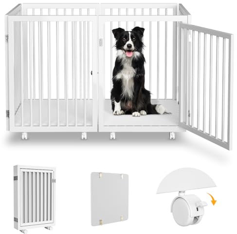 ZIKEBTUY Hundegitter 80cm hoch 6 Paneelen Erweitert bis zu 340cm /134 Freistehende Haustiergitter Laufstall für pet mit Tür, Basis und Räder für kleine und mittlere Hunde, Treppe, Flure, Türöffnung