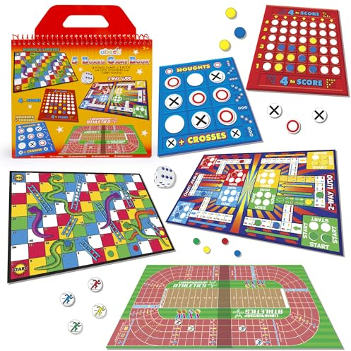 abeec 5 Board Game Book with Dice and Counters | Compact Travel Games for Kids and Adults | Snakes & Ladders, 2-Way Ludo, Noughts & Crosses, 4 to Score, Athletics | Portable Family Activity Book