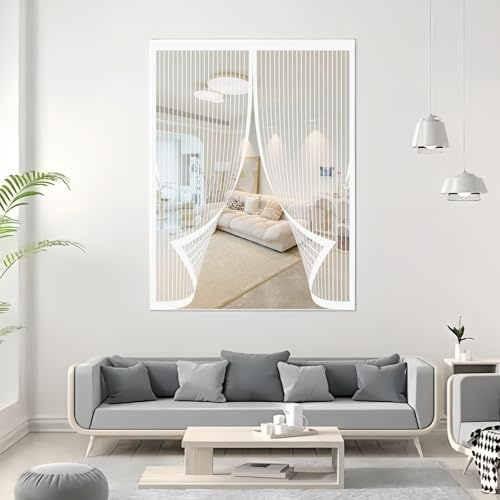Mosquitera Imantada 105 x 59 cm Cierre Automático, sin Taladrar, Antimosquitos, Fácil Instalación, Mosquiteras Enrollables para Puerta Corredera, Puerta de Salón, Blanco