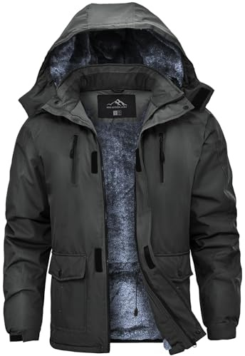 Tansozer Giacca Invernale Uomo Calda Idrorepellente Antipioggia Foderata Traspirante Antivento Escursionismo Sci Parka, Grigio Scuro, S