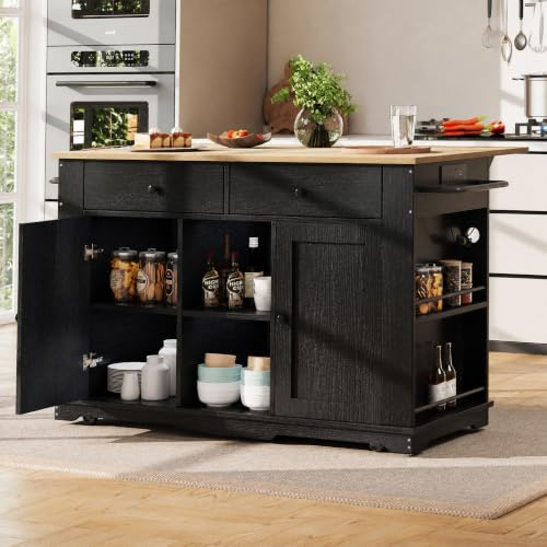FammyLoft Rolling Kitchen Island on Wheels with Power Strip, Black | Kitchen Trolley Storage with Folding Side Board, Adjustable Shelves, 2 Drawers, Trolley with Large Cabinet for Home Kitchen