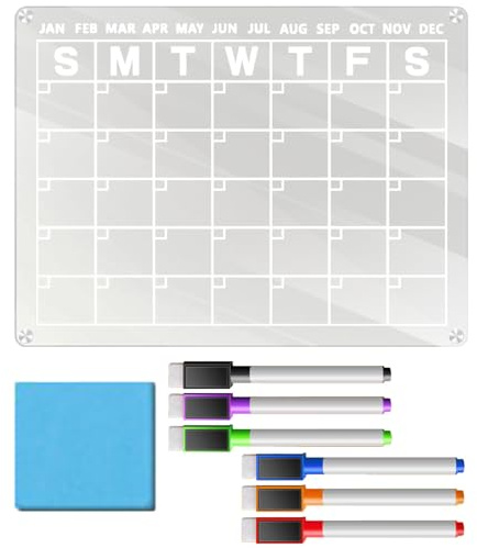 Klar kylskåpskalender – akrylkylskåpskalender för månadsplanering | Transparent raderbar bräda 40 x 30 cm med 6 markörer och radergummi, perfekt för köksvägg, arbetsplats, skola