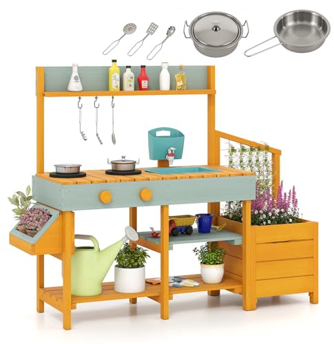 HOMASIS Juego de Cocina de Madera, Cocina Infantil Montessori con Bandeja para Plantas, Fregadero Extraíble, Grifo, Placas de Cocina, Bandeja de Agua y Estantes, para Niños de 3-8 Años (Amarillo)