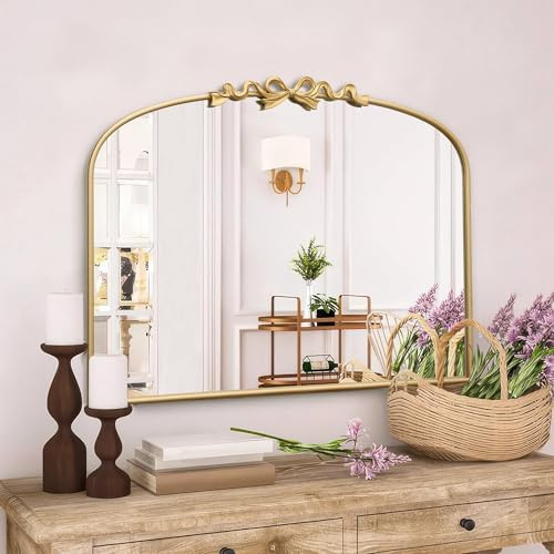 Besdomus Vintage Arched Large Mirror: 90x74cm Gold Bow Decorative Mirrors | French Baroque Metal Framed - Traditional Ornate for Entryway/Fireplace/Bathroom/Living Room - Ideal for Home Renovations