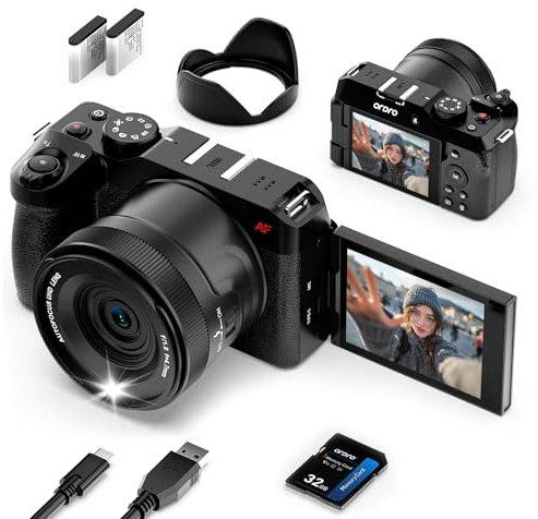 ORDRO 5K Digital Cameras for Photography -Auto Focus 80MP Video Cameras for YouTube, 18X Zoom Travel Camera with 180° Flip Screen, 2 Batteries, Lens Hood & 32GB Card