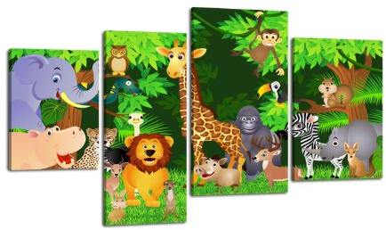 wandmotiv24 Leinwandbild Animals LW66 Wandbild, Bild auf Leinwand, 4 Teile, 180x115cm, Kunstdruck Canvas, XXL Bilder, Keilrahmenbild, fertig aufgespannt, Bild, Holzrahmen, Kinder, Tiere, Dschungel