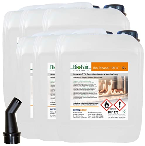 BioFair Bioethanol - 100% Reiner Brennstoff - Bioethanol für Bioethanolkamin, Ethanol Tischkamin, Wandkamin Indoor - 6 x 10 Liter