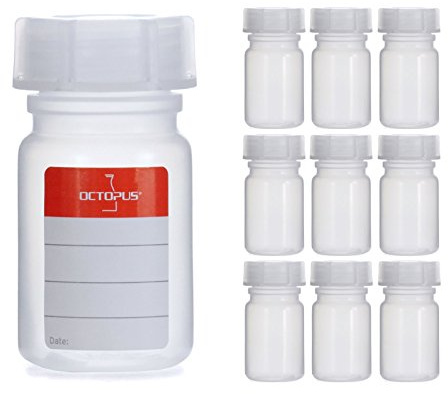 Octopus 10 Weithalsflaschen 50 ml aus LDPE, rund mit Schraubdeckel | Kompakte LDPE-Flasche für kleine Mengen, Proben, Tinten, Farben, Pasten und Pulver in Labor und Hobby