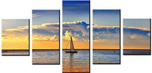 Wowdecor Bilder 5 Teilig Leinwand Malerei Drucke - Sonnenuntergang Segeln Seelandschaft Giclee Home Wohnzimmer Schlafzimmer Modern Wand Bild Deko, Poster Geschenk gedruckt - Ungerahmt (klein)
