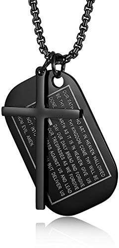 JewelryWe Schmuck Herren Kreuz Halskette, Retro Kruzifix Englisch Bibel Herr Gebet Erkennungsmarken Dog Tag Anhänger mit 24 Zoll Kette, Edelstahl, Silber/Gold/Schwarz, kostenlos Gravur