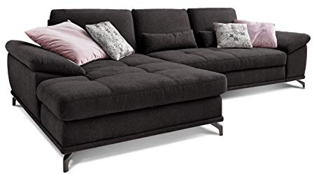 Cavadore L-Form-Sofa Castiel mit Federkern / Große Eckcouch mit Sitztiefenverstellung und XL-Longchair / 312 x 89 x 173 / Webstoff, Schwarz