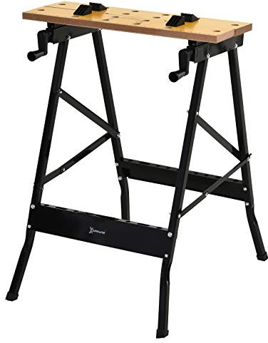 DURHAND Mesa de Trabajo Plegable Banco de Trabajo con Abrazadera 2 Manivelas como Caballete de Sierra Carpintero Hierro MDF Soporta 100 kg 60,5x62,5x78,5 cm Natural y Negro