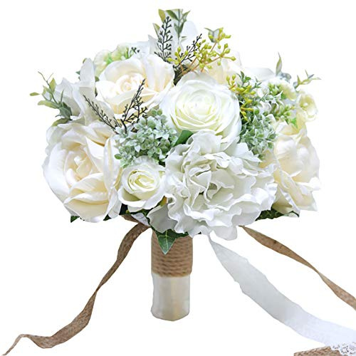 Fiwisora 9.8 Bridal Holding Wedding Bouquet Real-Looking Mixed Flowers Ivory Greenery Bridal Throw Bouquet for Brides Bridesmaid Wedding Hold Flower, Ivory