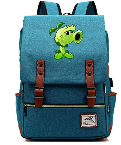 WANHONGYUE Plants vs. Zombies Spiel Backpack Vintage Schulrucksack Studententasche Schulranzen 15,6 Zoll Laptop Rucksack mit USB-Ladeanschluss Deep Sky Blue / 2