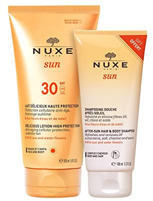 Nuxe Sun Lait Délicieux Haute Protection Visage et Corps SPF30 150 ml + Shampoing Douche Après-Soleil Corps et Cheveux 100 ml Offert