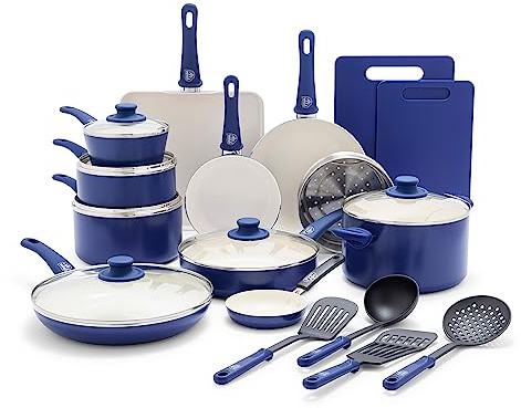 GreenLife Soft Grip 23 Piece Kitchen Cookware Pots and Frying Saucepans Set, Healthy Ceramic Nonstick PFAS and PFOA-Free, Dishwasher and Oven Safe, Even Heating, Easy Clean, Warp Control, Blue