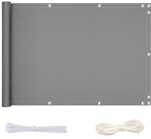 Redfire Balkon Sichtschutz Ohne Bohren 90x650cm,100% Privatsphäre Sichtschutz für Balkon Seite Blickdichte Wind Balkonverkleidungen mit Ösen Nylon Kabelbinder und Kordel für Schwimmbäder,Hellgrau