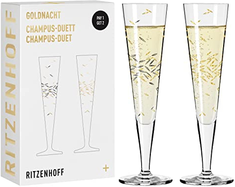 RITZENHOFF 6031003 - Bicchiere da champagne 200 ml, serie Goldnacht Duett 2022, 2 pezzi di design con vero oro, made in Germany, oro, nero