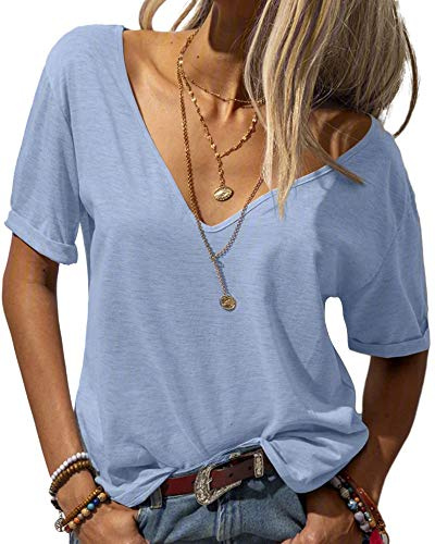 Tankaneo Mujer Moda profundo cuello en V manga corta Tops sólido casual suelto básico verano camiseta | Oversize,Kurzarm m,Casual,Sommer,Basic,Solide,Sexy,Tops