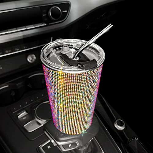 BYNYXI 560ML Bling Edelstahl Thermobecher, Glitzer Auto Trinkbecher mit Strohhalm und Decekl Strass Kaffeebecher Kaffee to go Isolierbecher Auslaufsicherer Thermobecher für Kaffee und Tee Unterwegs