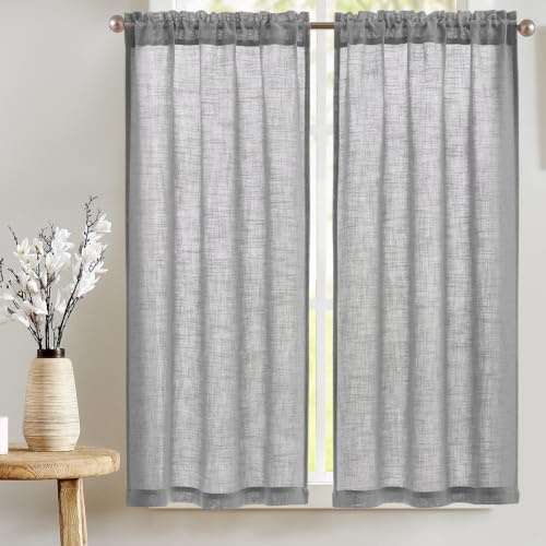 TOPICK Scheibengardinen Leinenoptik Bistrogardine 2er Set H115xB65 Grau | Lichtdurchlässig Küchenvorhänge blickdicht Modern Schrank Kurzgardine Küchfenster landhausstil küchengardinen fenstergardinen