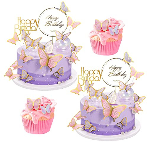 Butterfly Cake Topper, 44 PCS Pink Purple Butterfly Cake Decorations with Happy Birthday Cake Toppers Acrylic Cupcake Toppers for Birthday Wedding Baby Shower Party Decoration