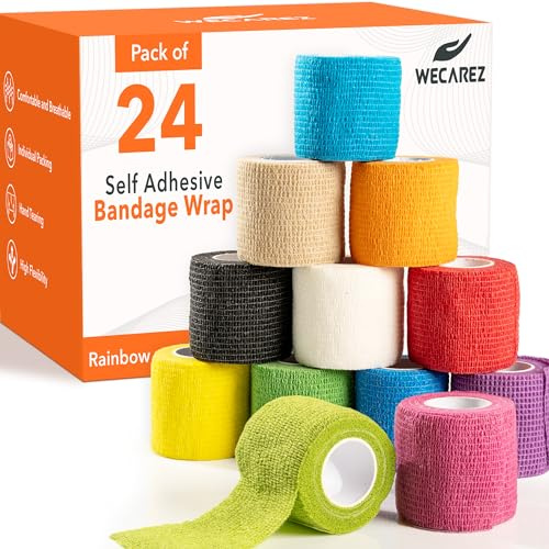 Self Adhesive Bandage Wrap 2 Inch x 5 Yards – Pack of 24 Multi Colored Cohesive Bandage, Non-Woven Vet Wrap for Dogs and Pets –Breathable Elastic Bandage Wrap for Ankles & Joint Sprains