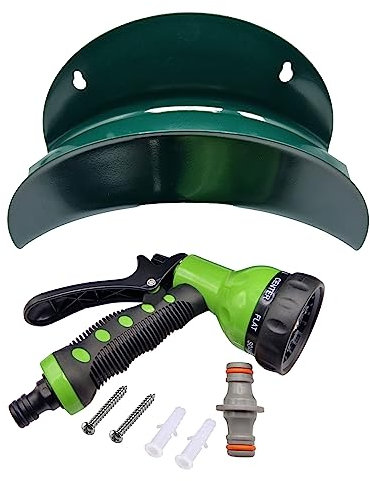 Heavy-Duty Metal Garden Hose Hanger Set with 8-Pattern Spray Gun & Double Male Hose Connector - Rustproof Wall-Mounted Storage. Set by MYPURECORE