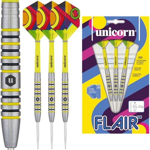 Unicorn Darts Set | Flair | 80% Natural Tungsten Barrels with Black & Yellow Accents & Laser Etched U Logo Hallmark | Steel Tip | Extra Flights & Shafts | 20 g, 21 g, 22 g, 23g or 24 g