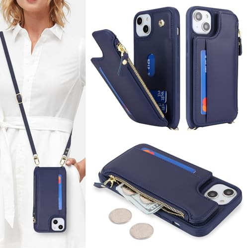 SailorTech Handyhülle für iPhone 14 Etui mit Kartenfach, iPhone 14 Hülle mit Verstellbarer Halskette, iPhone 14 Handytasche mit Reißverschluss Geldbörse - Blau