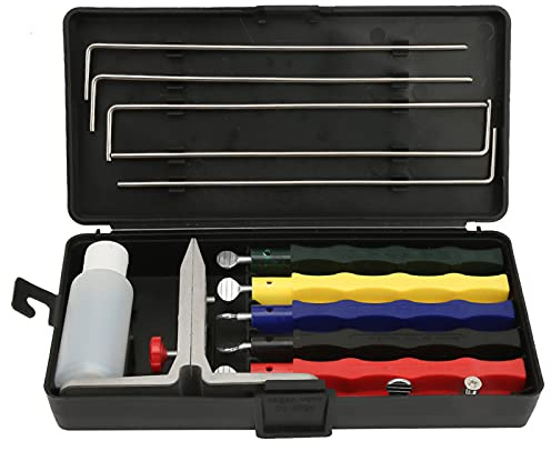 Messerschärfer Set Professional mit 5 Abziehsteinen, Klammer, Führungsstäben, Transportbox für Innen und Außenbereich, Präzises Schärfsystem für Kochmesser