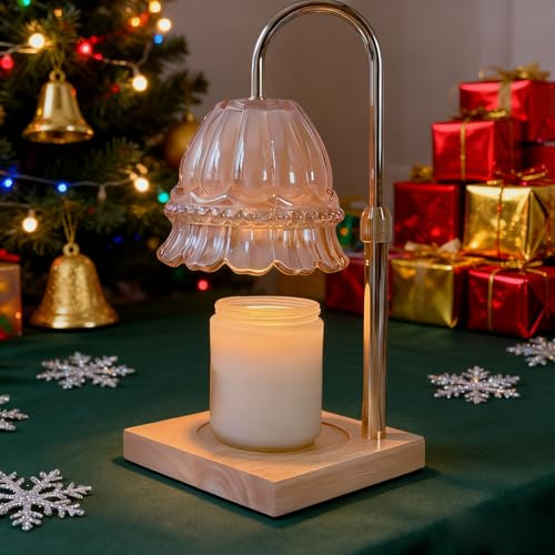 WARMCITY Glass Flower Lampshape Candle Warmer Lamp with Adjustable Height, Wax Burner Lamp with Timer and Dimmer, Wooden Base Candle Warmer, Women's Gifts (Amber)