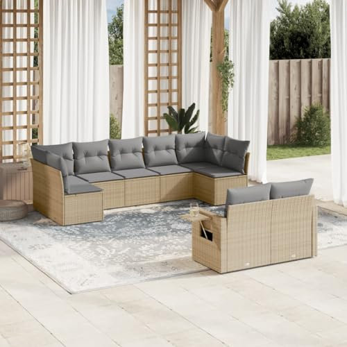 Rantry 9-TLG. Gartensofa Set mit Kissen Gartenlounge Gartenmöbel Loungesofa Balkonmöbel Ecklounge Ecksofa Sitzgruppe Loungemöbel für Garten Terrasse und Balkon Beige Poly Rattan