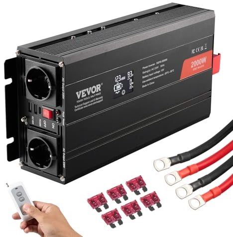 VEVOR Inversor de Corriente de Onda Sinusoidal Pura Inversor de Corriente 2000 W CC 12 V a CA 230 V con 2 Salidas de CA, 2 Puertos USB, 1 Puerto Tipo C y Control Remoto para teléfonos inteligentes, PC