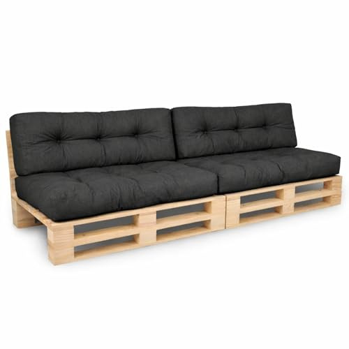 bananair - Cojines para Palets - Tela Resistente, Anti-UV y Repelente al Agua - Muy Cómodo, Relleno de Espuma - Cojines Exterior para Jardín y Terraza (2 Asientos 120x80 y 2 Respaldos 120x40, Negro)